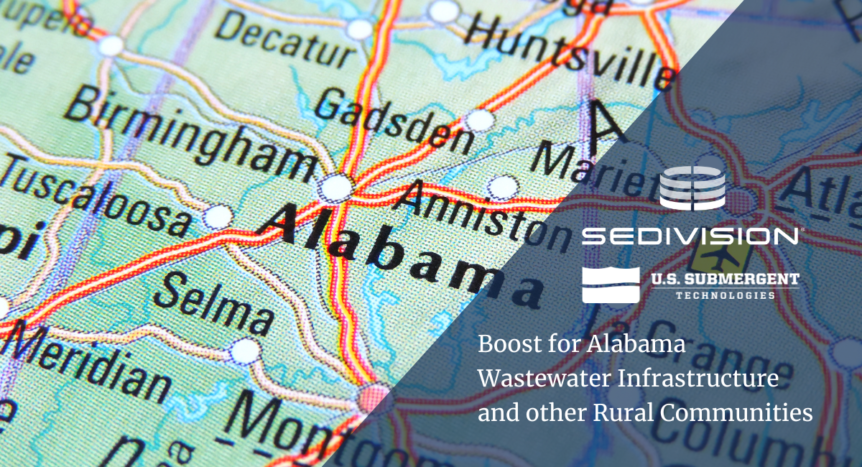 Boost for Alabama Wastewater Infrastructure and other Rural Communities - SediVision and U.S. Submergent Technologies logos - background close up of map of Alabama